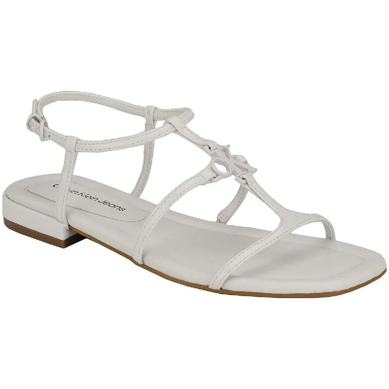 Calvin Klein Jeans Womens Sindy Faux Leather Flat T-Strap Sandals