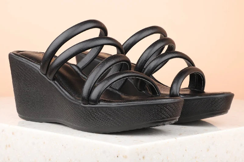 Women Black Solid Wedge Sandals