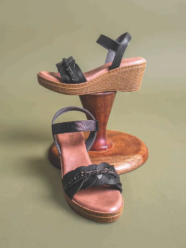 Women Black Textured Wedge Sandals