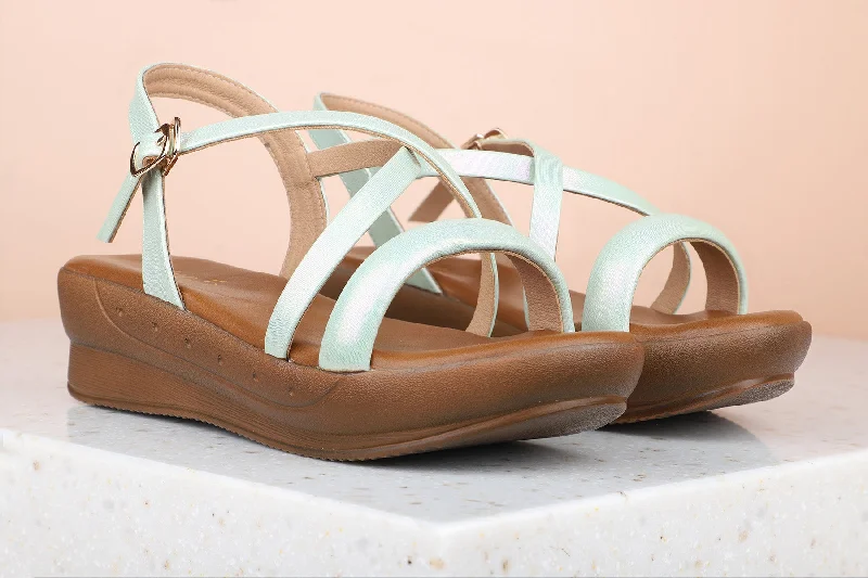 Women Green Solid Wedge Sandals