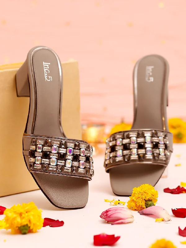 Women Grey Embellished Party Block Sandals