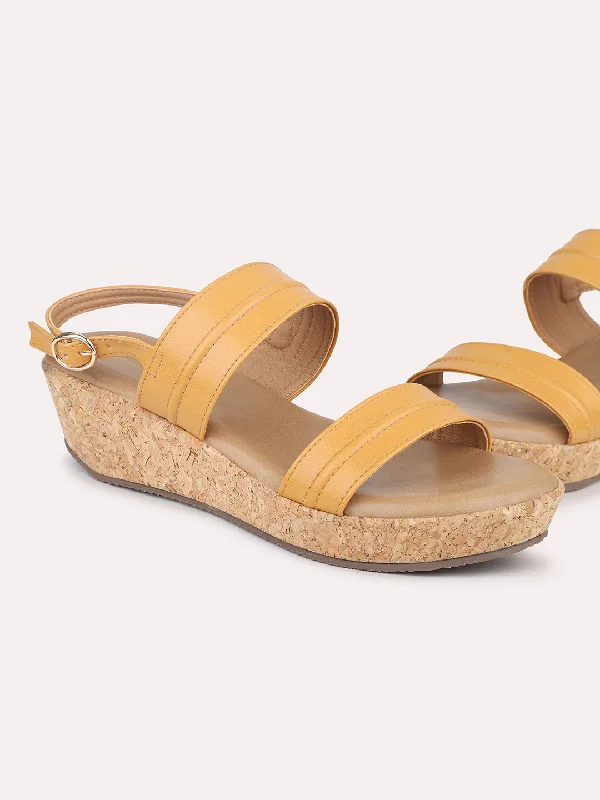 Women Mustard Solid Wedge Sandals