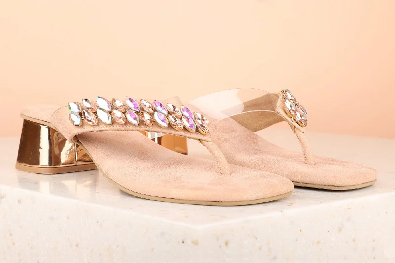 Women Rose Gold Embellished Block Sandals