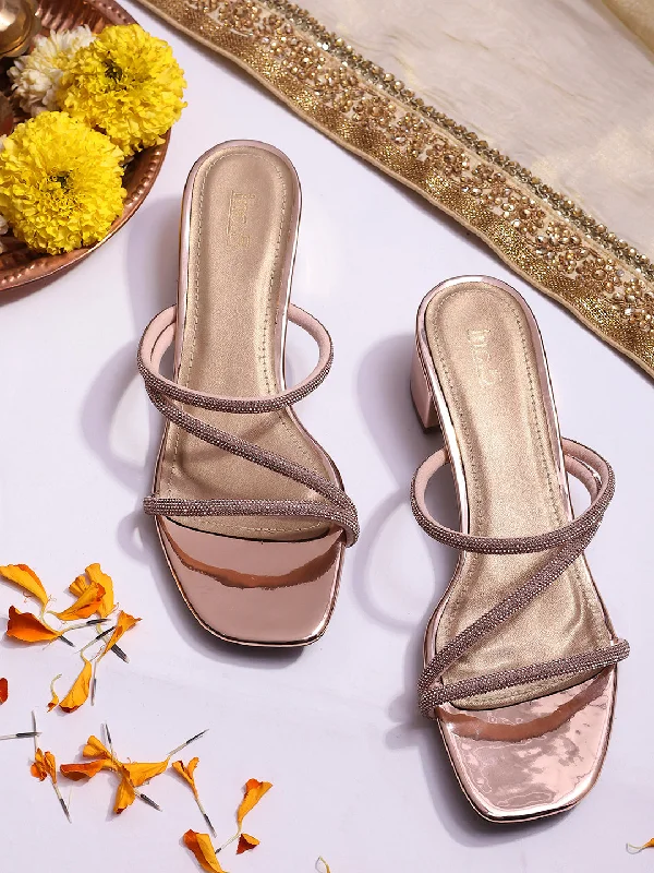 Women Rose Gold Embellished Party Block Sandals