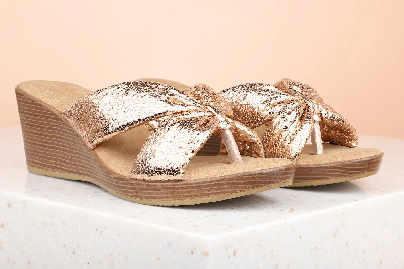 Women Rose Gold Embellished Wedge Sandals