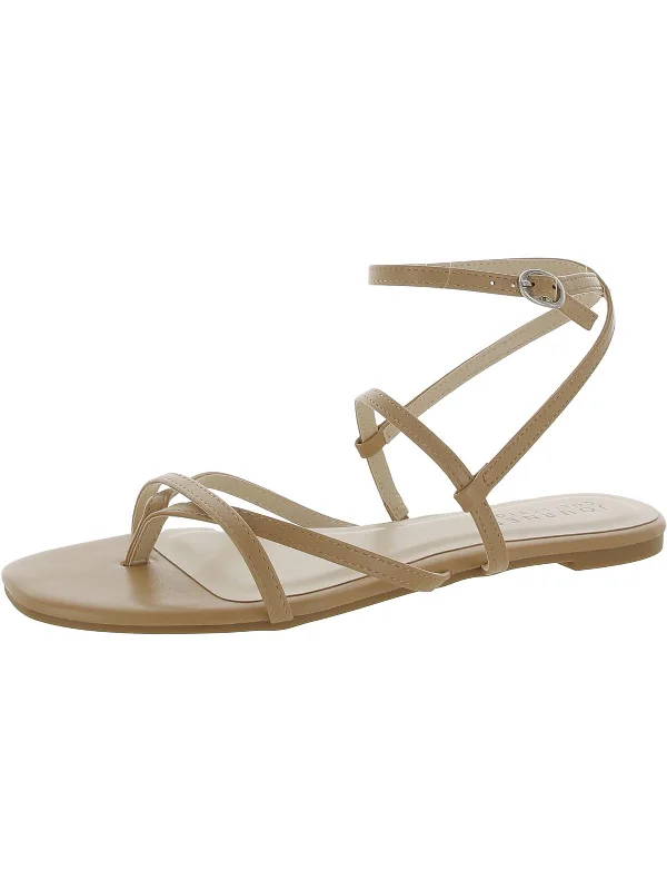 Womens Faux Leather Ankle Strap Thong Sandals