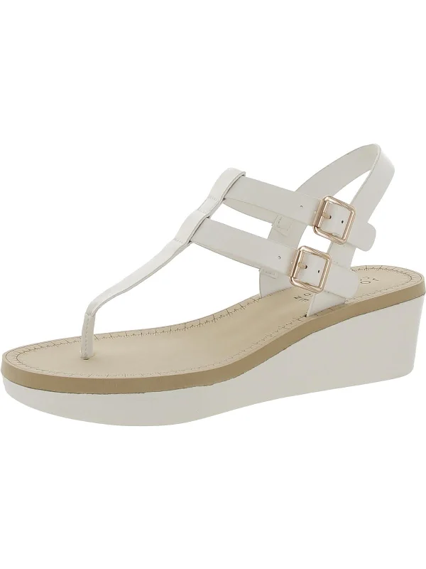 Womens Faux Leather Round Toe Wedge Sandals