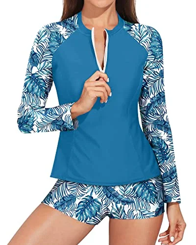 Supportive 2 Piece Rash Guard Bathing Suit For Women-Blue Leaf