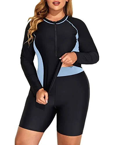 Colorblock Zip Front Rash Guard 2 Piece Plus Size Long Sleeve Rash Guard-Black