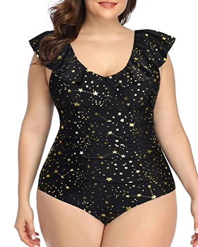 Cute Ruffled Falbala Plus Size One Piece Swimsuit For Women-Gold Stars