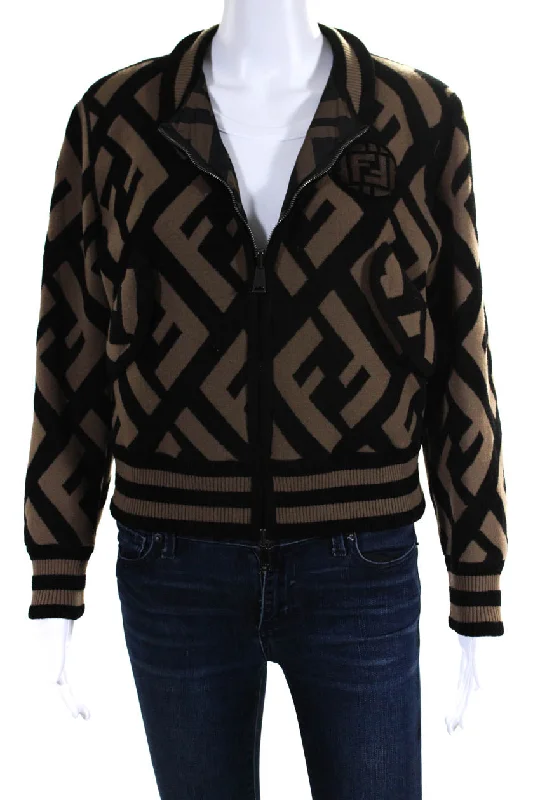 Fendi Womens Zucca Knit Windbreaker Reversible Bomber Jacket Black Brown