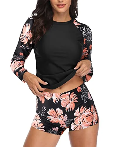 Long Sleeve Bathing Suit Two Piece Rash Guard Women-Black Floral