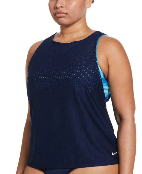 Nike Swim Women's Plus Size Horizon Stripe Convertible Layered Tankini Midnight Navy