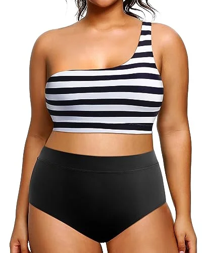 Plus Size One Shoulder Top & High Waist Two Piece Set