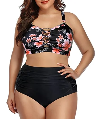 Attractive Hollow Out Plus Size Bikini Lace Up Front-Pink Flower