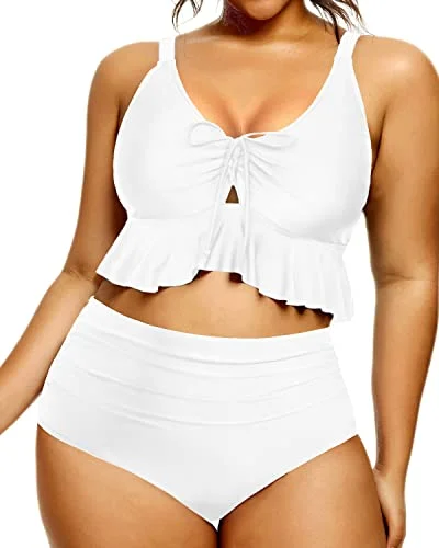 Tummy Control High Waisted Bikini Set Plus Size Bathing Suit-White