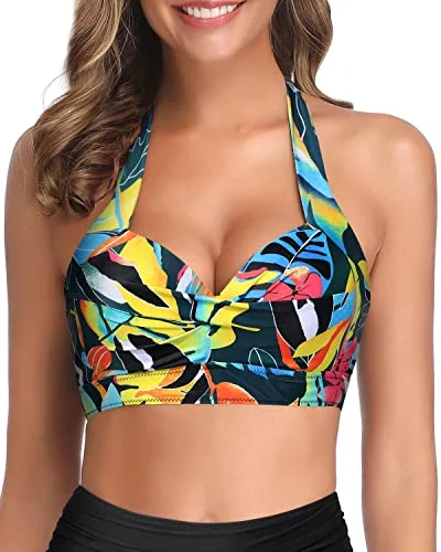 Push Up Halter Bikini Tops for Women Retro Bathing Suit Tops