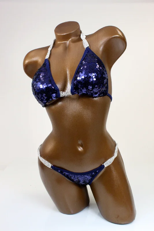 Dark Blue Sequin Poly Spandex Bikini Suit