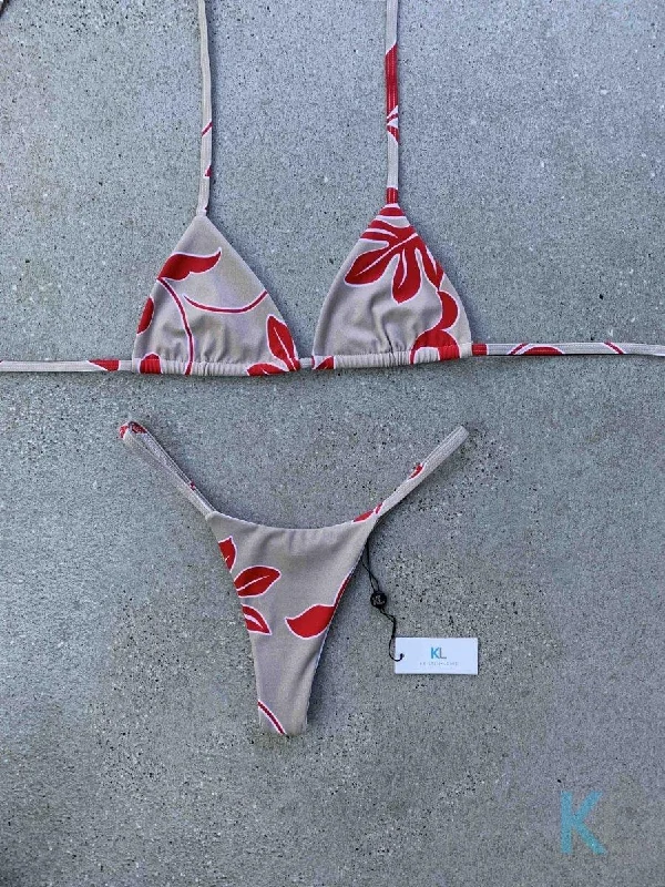 Red | Nude Leaf Print Bikini Top