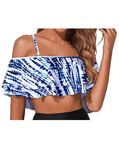 Chic Tiered Flounce Swimsuit Top For Women-Blue Tie Dye