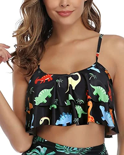 Spaghetti Strap Women Ruffle High Waisted Bikini Top-Black Dinosaur