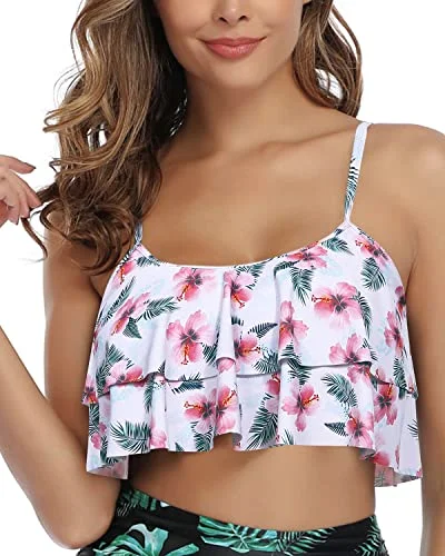 Adjustable Bra Style Women Flounce Swimsuit Top-White And Pink Floral