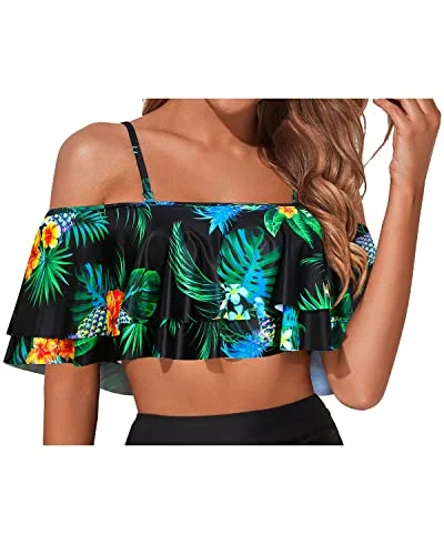 Stylish Removable Flounce Swimsuit Top For Women-Black Pineapple