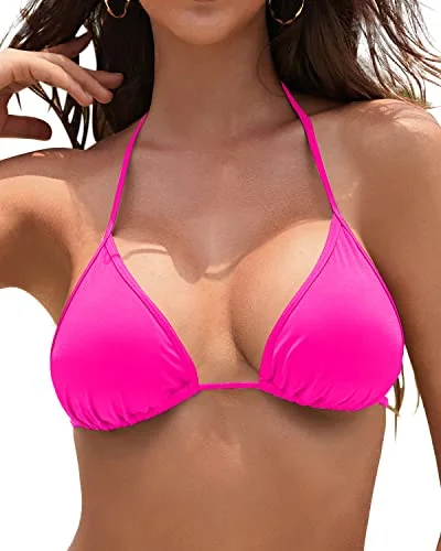 Removable Padded Halter Triangle Bikini Top String Bathing Suits Top-Neon Pink