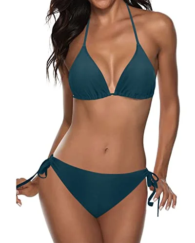 Two Piece Halter Tie Side Bottom Triangle Push Up Bikini-Teal