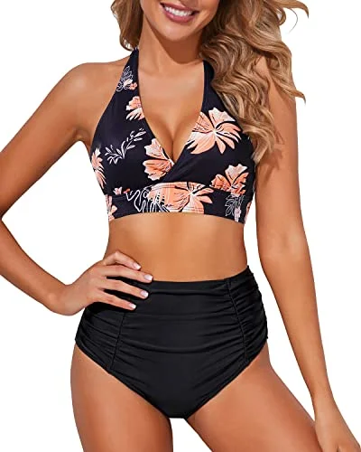 Two Piece High Waisted Bikini Set Halter Tummy Control Bottoms Bathing Suits for Women