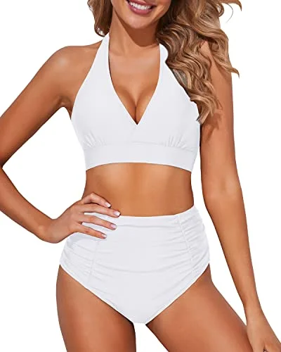 High Waisted Bikini Bottoms Ruching Women's Bikini Swimsuits-White