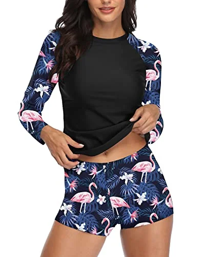 Comfortable Women's Boyshort Rashguard Swimsuit Set-Black Flamingo