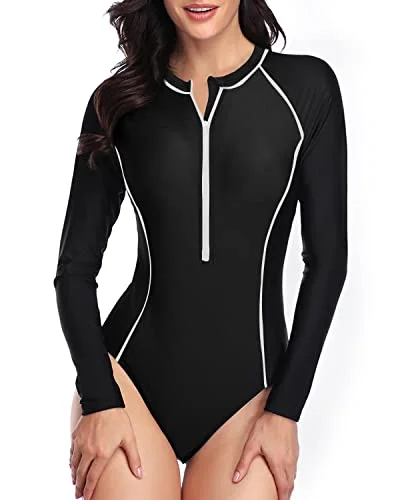 UPF 50+ Long Sleeve Rash Guard One Piece Swimsuit Zipper Closure for Women