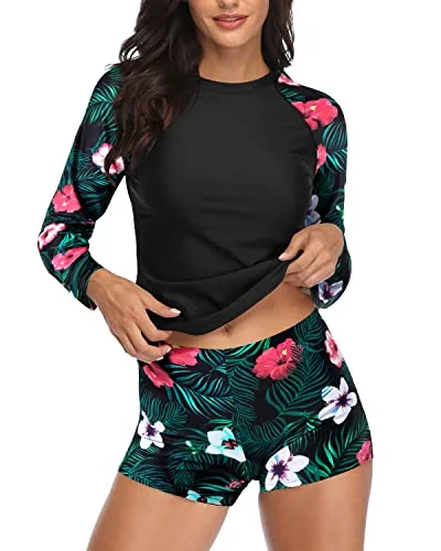 Uv Upf 50+ Two Piece Rash Guard Long Sleeve Swimsuit For Women-Black Floral