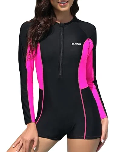 Women Long Sleeve Rash Guard One Piece Boyleg Swimsuit Zipper Surfing Bathing Suit UPF 50+