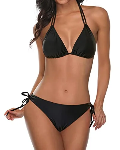 Women Two Piece Halter Padded Top Tie Side Bottom Triangle Bikini