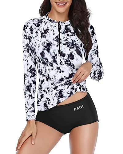 Long Sleeve Upf 50 Rash Guard Bathing Suit For Women-Black And White Tie Dye