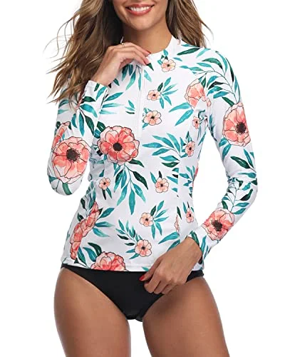 Women's Upf 50+ Long Sleeve Two Piece Rash Guard Set-White Floral