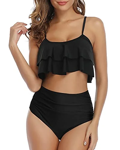 Adjustable Spaghetti Straps Bikini High Waisted Ruched Bottom-Black