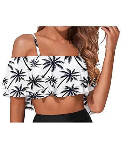 Off Shoulder Flounce Bikini Top Adjustable Bra-Black Palm Tree