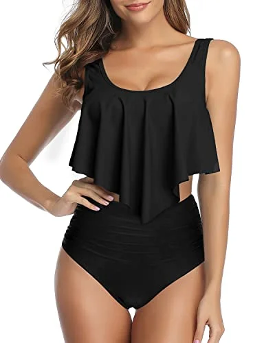 Ruffled Flounce Top High Waisted Ruched Bottom Two Piece Bikini For Women-Black