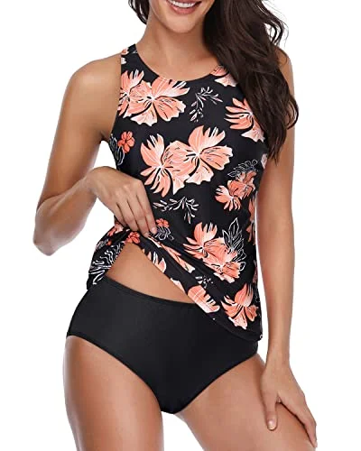 Push Up Bra High Neck Tankini Swimsuits Shorts-Black Orange Floral