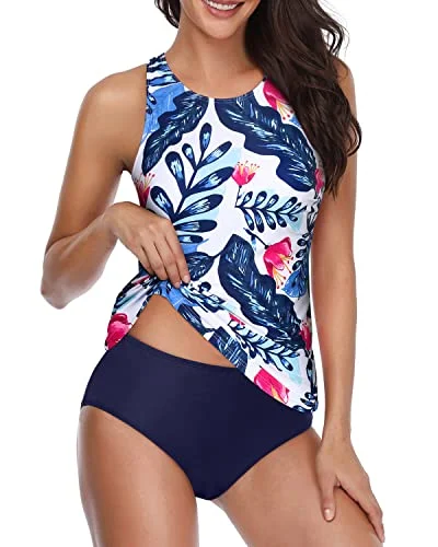 Two Piece Tankini Swimsuits High Neck And Shorts-White And Blue Floral