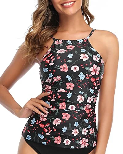 High Neck Bathing Suit Top Tummy Control Women Tankini Top Only-Black Floral