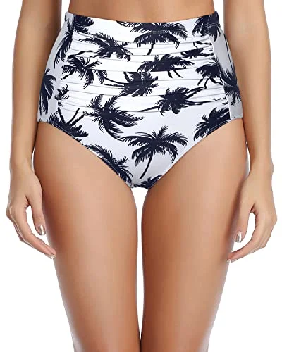 Women High Waisted Bikini Bottom Tummy Control Ruched Bathing Suit Bottom-Black Palm Tree