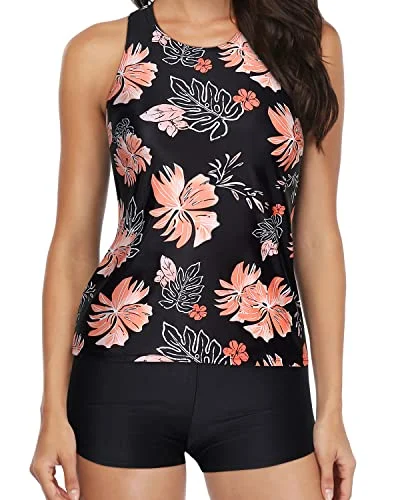 Modest High Neck Tankini Shorts For Women-Black Orange Floral