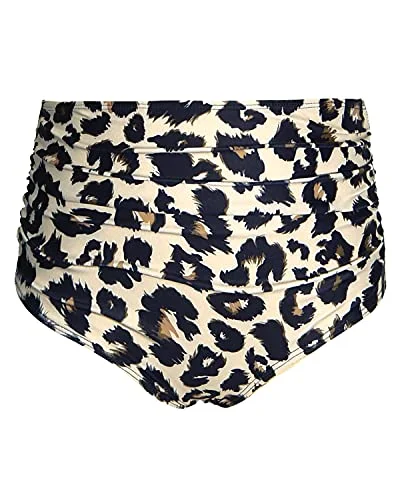 Flattering Women High Waisted Bikini Bottom Retro Ruched Swim Short-Leopard