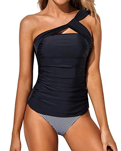 Flattering Two Piece Tankini Bathing Suits One Shoulder Swim Top And Shorts Swimsuits-Black Stripe