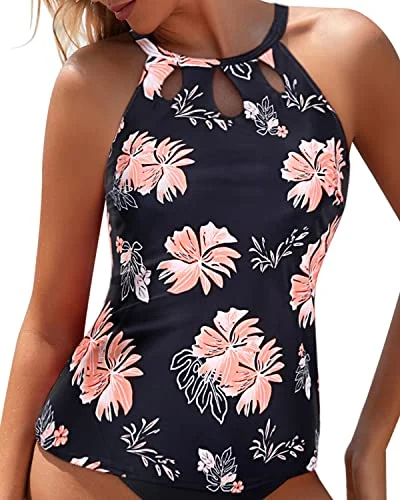 Stylish High Neck Tankini Top Halter Bathing Suit Tops-Black Orange Floral