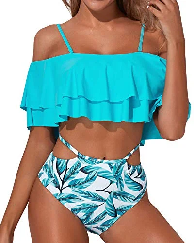 Fashionable Two Piece Bathing Suit For Women Tummy Control Bottoms-Light Blue Green Leaves